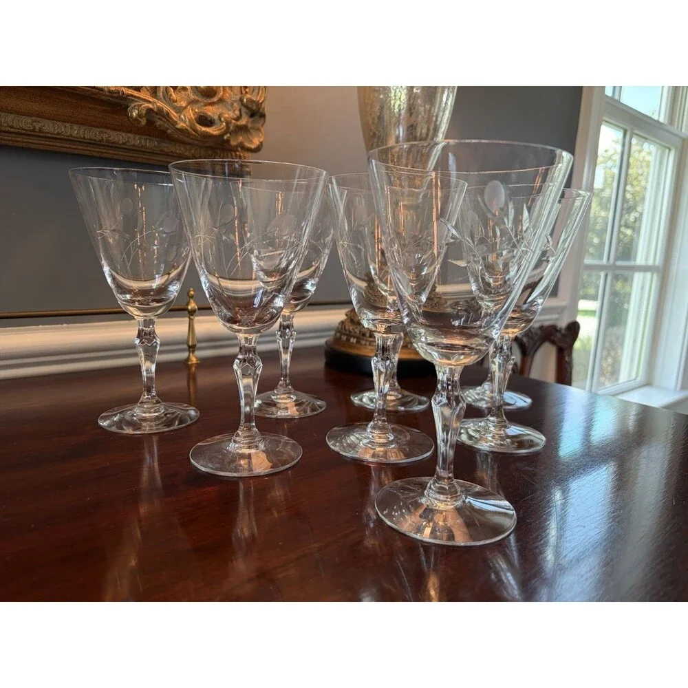 8 Vintage Signed Fostoria Sweetheart Rose Crystal Water Goblets Glasses 7